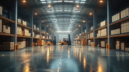Aufkleber - A modern logistics platform, large warehouse filled with neatly stacked cardboard boxes, forklifts moving pallets, bright industrial lighting, spacious and organized environment. Generative AI.