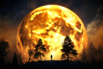 Wall Mural - Man stands before large fiery moon in dark starry sky