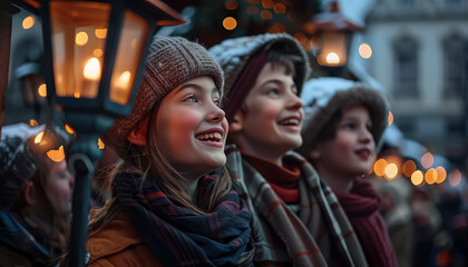 Wall Mural - A group of children are smiling and looking up at a lighted lamp