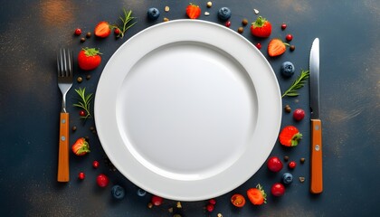 Empty white plate symbolizing portion control against a minimalistic backdrop, offering ample space for dietary messages and healthy eating reminders