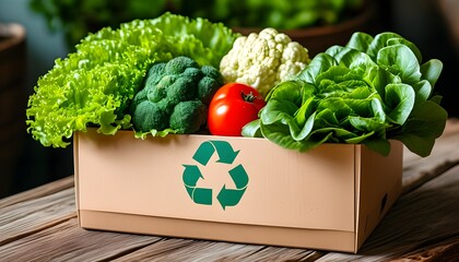 Wall Mural - Sustainable packaging showcasing an eco-friendly cardboard box overflowing with fresh lettuce, highlighting the organic food movement and recycling principles.