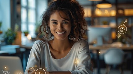 Poster - Woman, A relaxed and comfortable office environment with a person at their desk, smiling and enjoying a balanced work-life experience.. Generative AI. Generative AI.