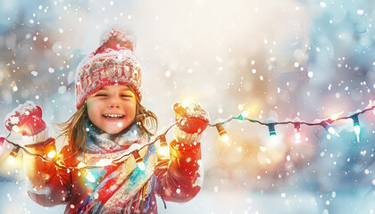 Wall Mural - A young girl is holding a string of Christmas lights while smiling