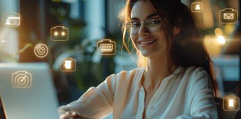 Poster - Woman, A relaxed and comfortable office environment with a person at their desk, smiling and enjoying a balanced work-life experience.. Generative AI. Generative AI.