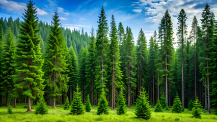 Lush green pine trees standing tall in a forest setting , pine, trees, green, forest, nature, environment, scenery, landscape