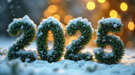 Snow clings to the green foliage arranged to form the year 2025, glistening under soft bokeh lights in the background, creating a festive winter atmosphere.