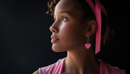 Poster - A woman with a pink heart earring and a pink headband