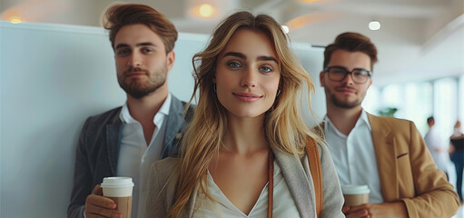 Poster - Young corporate group of beautiful people standing at a whiteboard and drinking coffee and thinking deeply, wearing modern contemporary smart casual clothing. Generative AI.