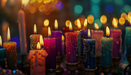 A bunch of candles are lit up in a variety of colors, creating a warm