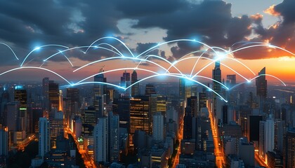 Wall Mural - Dynamic urban cityscape illuminated by global media links, showcasing advanced 5G connectivity and high-speed internet fueling modern business and seamless communication.