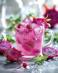 Poster - A visually striking tea with a clear teacup filled with bright pink dragonfruit iced tea, garnished with dragonfruit slices and a few mint leaves. Generative AI.
