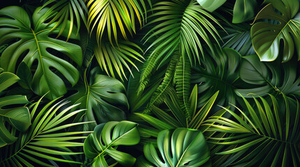 Poster - Seamless pattern of tropical leaves in vibrant green shades, fresh and natural. Generative AI.