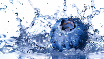 Canvas Print - A splash of water is splashing on a bunch of blueberries