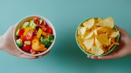 One hand holding bowl of vegetable salad, other holding chips. Healthy natural organic fresh vegetarian food vs unhealthy processed fast junk food. Lunch or snack decision