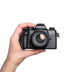 A close-up of a hand holding a modern digital camera, showcasing its sleek design and advanced features for photography enthusiasts. isolated on a transparent background