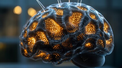 Poster - Neural Elegance. Illuminated Brain Sculpture Showcasing Complex Networks