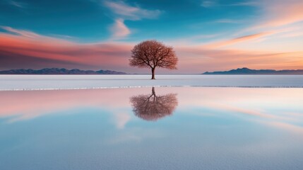 Canvas Print - A lone tree in a field with the sky reflected on it, AI