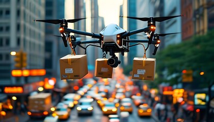 Efficient aerial delivery: an autonomous drone navigates above congested city streets, showcasing modern solutions to urban logistics challenges.