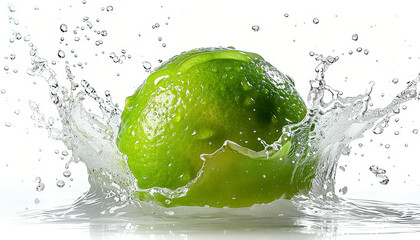 Wall Mural - A splash of water is falling on three green limes