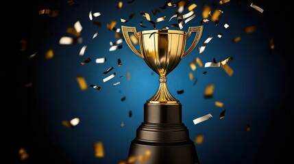 golden trophy with confetti falling around it on a blue background, celebrating financial incentives