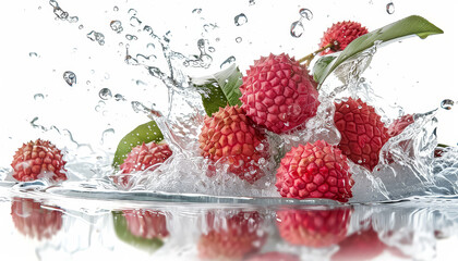 Wall Mural - A splash of water surrounds a bunch of red fruit, including a lime