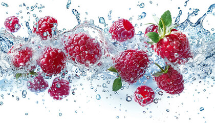 A splash of water is falling on a bunch of red raspberries