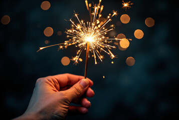 Enchanting Sparkler in Hand: Festive Celebration Against Dark Bokeh Background for Holiday Marketing