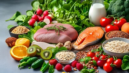 Vibrant display of fresh low-calorie diet ingredients featuring an array of fruits, vegetables, lean proteins, and whole grains on a clean backdrop