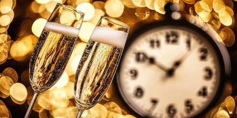 a close-up of two champagne glasses clinking together, capturing the moment the clock strikes midnig