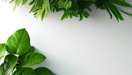 Wall Mural - Vibrant green leaves in a minimalist pattern against a clean white wall, showcasing a fresh and modern aesthetic