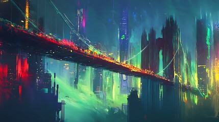 Futuristic Cityscape with Elevated Bridge and Vibrant Lights