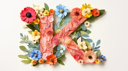 Floral alphabet crafted from vibrant flowers, adorned with delicate paper-cut letters. A vibrant collection for unique springtime ornamentation, summery designs, and diverse conceptual ideas.