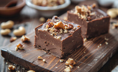 Chocolate brownie dessert with nuts on a neutral background