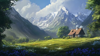 Wall Mural - A Cozy Cottage Nestled at the Foot of Majestic Snow-Capped Mountains