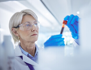 Aufkleber - Woman, scientist and medical research with test tube, blood sample and science laboratory for mpox vaccine. Female person, technician and virus in healthcare for chemistry, forensic or pharmaceutical