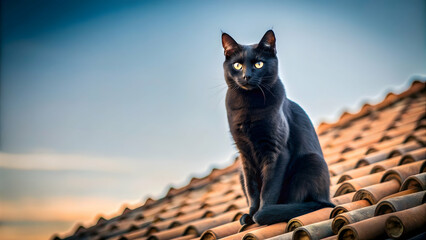 Wall Mural - A black cat sitting on a roof , black cat, roof, feline, domestic animal, outdoor, superstition, pet, mammal, sitting, looking