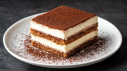 Delicious tiramisu dessert with layers of coffee-soaked cake and creamy mascarpone, garnished with cocoa powder, served on a plate.