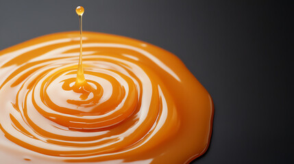 A close-up of golden syrup creating ripples on a dark surface, illustrating texture and color contrast in food photography.