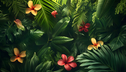 A lush jungle scene with vibrant green leaves and exotic flowers, bringing the warmth of the tropics to your screen