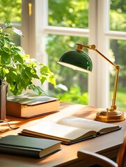 Sticker - Desk with green lamp and books near a window.