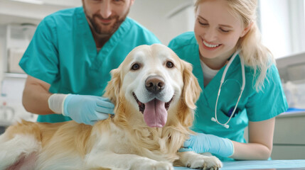 Canvas Print - A man and woman in blue scrubs holding a dog while it is being examined, AI