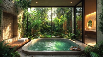 Serene indoor spa with lush greenery and tranquil ambiance.