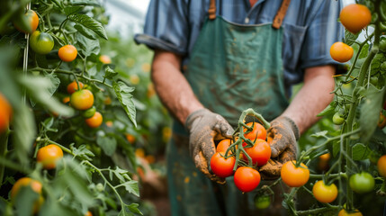 Wall Mural - Close-up View of Tomato Harvest in a Vegetable Greenhouse, Farmer Engaged in Agricultural Work, Sustainable Farming Concept