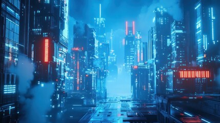 Poster - Futuristic cityscape with neon lights and misty atmosphere.