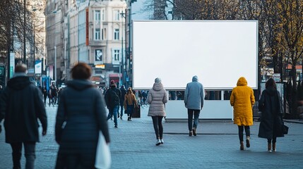 Poster - Urban street scene with a blank advertising billboard ready for branding, pedestrians 