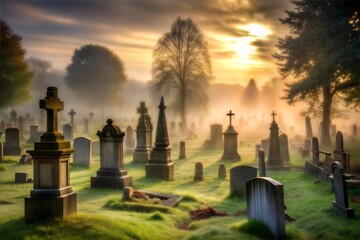 Poster - Picturesque cemetery at sunrise with mist and golden light