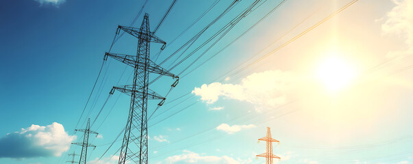 Electricity background - Voltage power lines / high voltage electric transmission tower with blue sky and shining sun