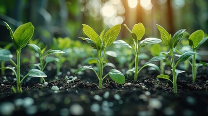 Poster - Sprouting seedlings in a row, symbolizing the growth and progress of a business. Generative AI.