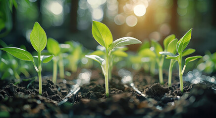 Poster - Sprouting seedlings in a row, symbolizing the growth and progress of a business. Generative AI.