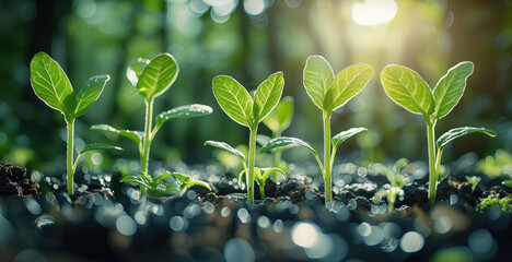 Poster - Sprouting seedlings in a row, symbolizing the growth and progress of a business. Generative AI.